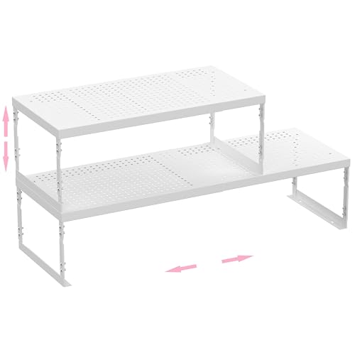 Stackable Expandable Metal Shelf Organizer - Adjustable Wire Storage Rack with Holes for Kitchen, Bathroom, Cabinet, Office - Space Saving, Durable & Sturdy Design（2PACKS/Medium/White - color: 2packs/Medium/White, size: Medium
