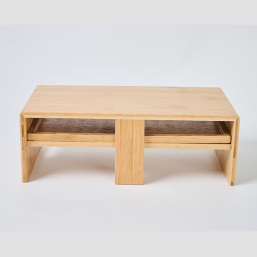 Monitor Stand Desk Top Organizer with Storage Drawer & Phone Holder,Bamboo Monitor Stand with Keyboard Tray, Wide Monitor Riser Non Slip Desk Riser