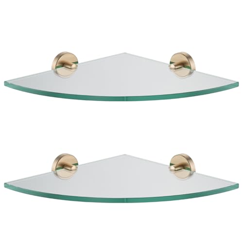 JQK Corner Glass Shelf, Champagne Bronze Bathroom 304 Stainless Steel Shower Triangle Floating Wall Shelf, 10 x 10 Tempered Glass, 2 Pack, TGS190L10-CB-P2 - color: Champagne Bronze, size: 2 Pack