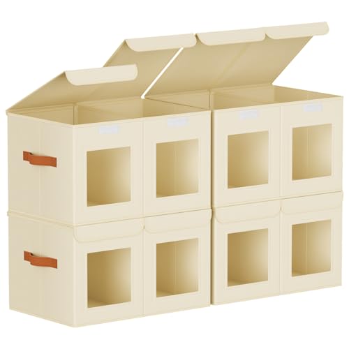 Homsorout Large Closet Storage Bins - Collapsible Divided Clothes Organizer with Lids & Dual Window, Fabric Organizing Bins for Clothes, Sweater, Bedroom, Office (Beige, 4 Pack) - color: Beige, size: L(4-Pack)