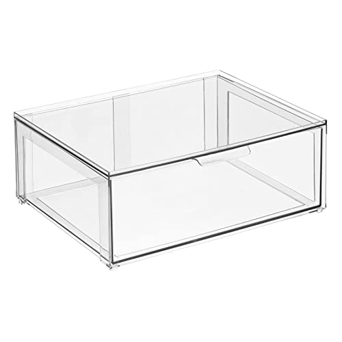 mDesign Plastic Stackable Bathroom Storage Organizer Bin Containers with Front Pull Drawer for Bathroom Countertop, Vanity, Closet Shelves - Holder for Beauty Accessories - Lumiere Collection - Clear - size: 16 x 12 x 6 (Pack of 1)