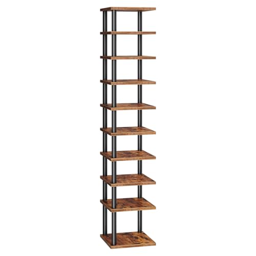 HOOBRO Vertical Shoe Rack, 10-Tier Narrow Shoe Shelf, Shoe Storage Organizer for Small Space, 11" L x 11" W x 68" H, Closet, Entryway, Hallway, Bedroom, Rustic Brown and Black BF32XJ01 - color: Rustic Brown + Black, size: 11"L x 11"W x 68"H