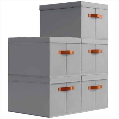 Homsorout Storage Bins with Lids - Large Fabric Closet Bins with Lid, 5 Pack Clothes Organizers and Storage, Collapsible Stackable Cube Basket for Home, Office, Dorm, Grey - color: Grey, size: XL(5-Pack)