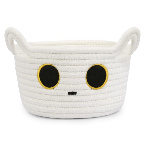 Small Storage Cute White Cat Cotton Rope Woven Basket for Nursery, Blanket Basket Organizer With Ears Toy Storage Bin Box 8.5×4.5 inches - color: White, size: 9 × 5 inches