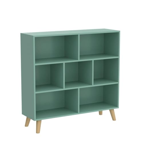 IOTXY Wooden Open Shelf Bookcase - 3-Tier Floor Standing Display Cabinet Rack with Legs, 7 Cubes Bookshelf, Tiffany-Green - color: Tiffany Green, size: 80CM