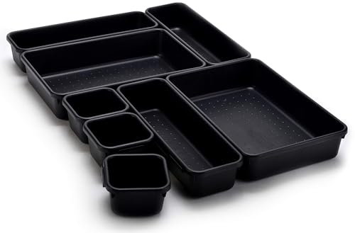 Masirs Interlocking Drawer Organizer Bins, Durable Plastic, Various Sizes for Custom Layout Design, Great for Desk Drawer, Tool Box or Garage Organization, (Black | 8-Piece Set) - color: Black, size: Various Sizes