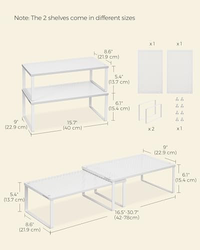 SONGMICS Spice Racks, Set of 2 Metal Cabinet Shelf Organizers, Countertop Organizers, Shelf Risers, Stackable, Expandable, White UKCS401W01 - color: White, size: 9"D x 15.7"W x 6.1"H + 8.6"D x 15.7"W x 5.4"H
