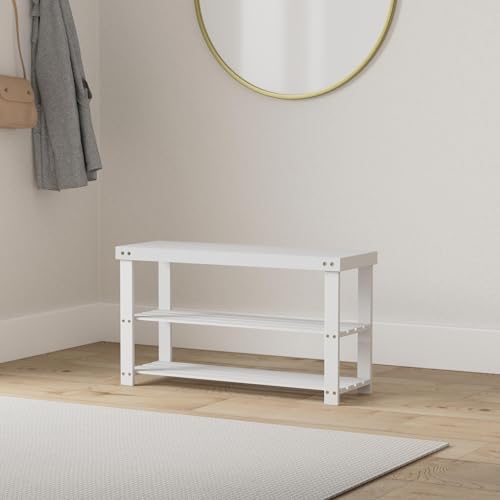 SMIBUY Bamboo Shoe Rack Bench, 3-Tier Shoe Organizer Storage Shelf for Entryway Hallway Bathroom Living Room (White) - color: White