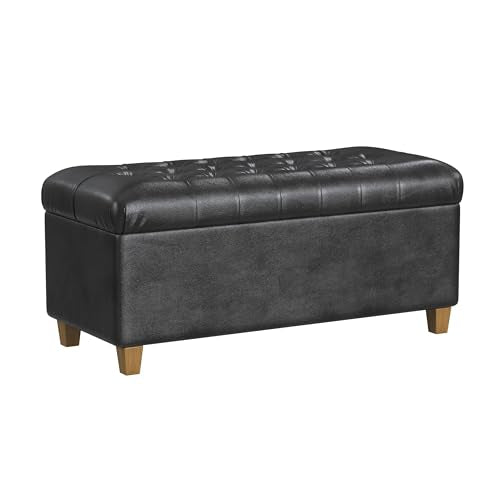 Homepop Home Decor | Button Tufted Storage Bench | Ottoman Bench with Storage for Living Room & Bedroom, Black Faux Leather - color: Black Faux Leather