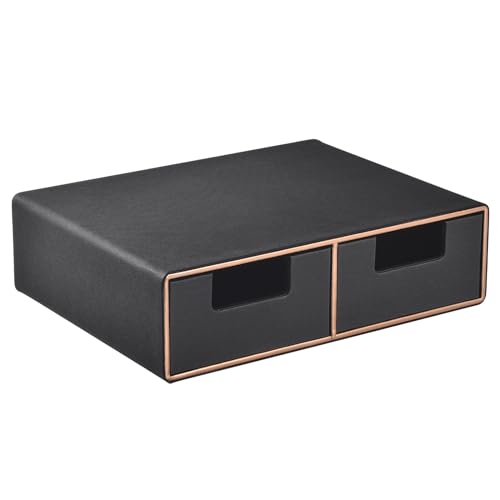 Linen Leather Desk Organizer and monitor stand with Drawers－Mini Desktop Drawer Organizer Stackable－Tabletop Organization Storage Box for Office Supplies Home Vanity Toiletries (Black, 2-drawers) - color: Black