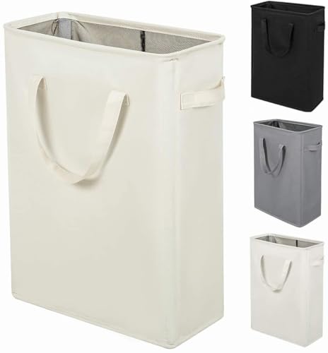 ZERO JET LAG Slim Laundry Hamper With Handles Collapsible Laundry Basket Thin Dirty Clothes Basket Narrow Laundry Bag Foldable Dirty Clothes Hamper 45L (23 inches,Beige) - color: Beige