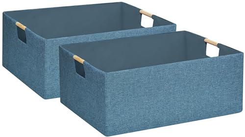 Foldable Storage Box with Handles | 16.9 Inch Collapsible Organizer for Clothes, Toys, Makeup | Sturdy Cardboard Frame & Washable Fabric | Space-Saving Home Decor 2Pack - color: Blue