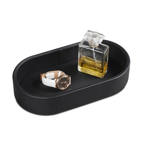 Oval Desk Valet Tray, PU Leather Perfume Dish Bowl for Keys Wallet Watch, Decorative Trinket Vanity Jewelry Tray, Entryway Nightstand Organizer Women Men (Black) - color: Black