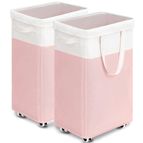 Goodpick Laundry Basket with Wheels 2-Pack, 75L Tall Clothes Hamper, Large Laundry Basket with Removable Wash Bag for Corner Dorm, Rolling Hamper, Pink&White - color: Pink & White 2-Pack