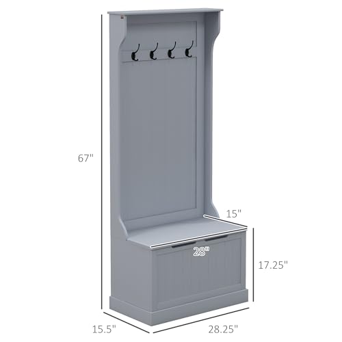 HOMCOM Hall Tree with Bench and Shoe Storage, 3-in-1 Entryway Bench with Coat Rack, 4 Hooks and Flip Top Storage Compartment, Gray - color: Grey, size: 28"