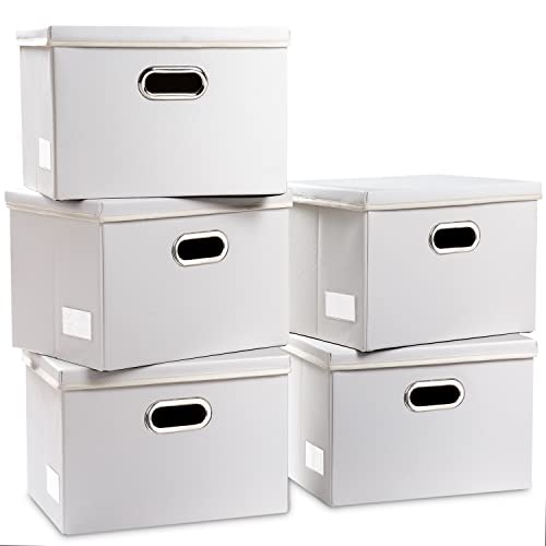 PRANDOM Foldable Storage Bins with Lids [5-Pack] Leather Fabric Collapsible Storage Boxes Organizer Containers Baskets Cube with Cover for Bedroom Closet Office Nursery White (14.9x10.8x10) - color: White, size: Medium(5-Pack)