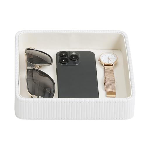 Small Valet Tray, 8"x8" Nightstand Organizer for Women Men| PU Leather Desk Organizer Trinket Dish| Decorative Vanity Tray Catch All Key Bowl for Dresser Bedside Coffee Table Entryway (Cream) - color: Cream