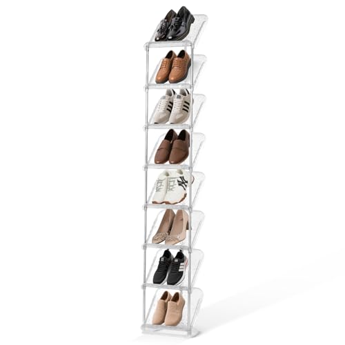 SMILHELTD Vertical Shoe Rack 8 Tiers Narrow Clear Sneaker Storage Holder Luxurious Slim Tall Organizer Space Saving Shelf for Entryway Garage 10.4" W x 64.5" H x 9.8" D (Transparent) - color: Transparent