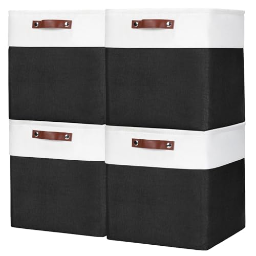 Bagnizer 13x13 Cube Storage Bins, Collapsible Fabric Storage Box, 4 Pack Closet Baskets with Handles for Organizing, Shelf, Toys, Clothes, Home, Office, Nursery (Black&White) - color: Black / Off-White, size: Cube - 13"x13"x13"