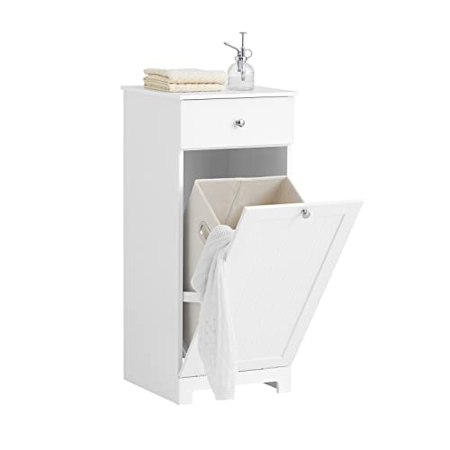 SoBuy Slim Tilt-Out Laundry Hamper Cabinet, Smal Pull-Out Bathroom Storage Unit with Shelf&Drawer, Narrow Hidden Basket Chest Bath Cupboard, White BZR21-W