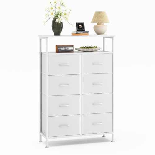 DUMOS Fabric Dresser for Bedroom with 8 Drawers, Tall 8-Drawer Chest of Drawers with Raised Shelf, Storage Tower with Fabric Bins for Closet Organization, Hallway Storage, Cream - color: Cream, size: 31.5"D x 45.9"W x 11.8"H (8 Drawers)