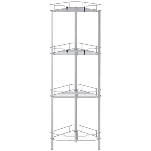 HuggieGems 4 Tier Floor Standing Corner Shower Caddy Organizer Shelf with Hooks, Bathroom Shelves Stand Rack, Silver - color: Silver, size: 4 Tier