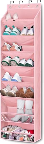 KEETDY Over The Door Shoe Organizer Fit 20 Pairs Sneakers Large Hanging Shoe Organizer for Closet Door Storage Boots, Pink - color: Pink, size: 64"