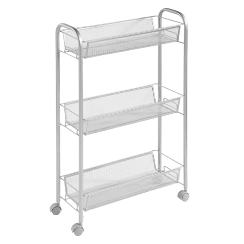 mDesign Steel Rolling Utility Cart Storage Organizer Trolley with 3 Basket Shelves for Laundry Room, Mudroom, Garage, Bathroom Organization - Holds Detergents, Hand Soap - Biro Collection, Silver - color: Silver