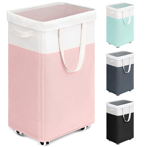 Goodpick Laundry Basket with Wheels, 75L Tall Clothes Hamper, Large Laundry Basket with Removable Wash Bag for Corner Dorm, Rolling Hamper, Pink&White - color: Pink & White 1-Pack