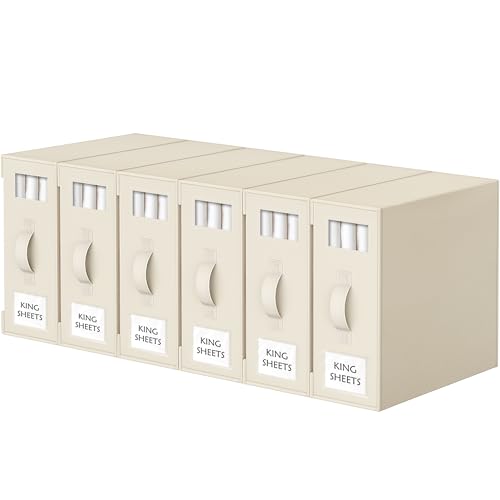 Criusia Bed Sheet Organizers and Storage, 6 Pack Foldable Linen Closet Organizer Box – Bedding Holder for Sheet Set (King/Queen Sizes), Duvet Covers, Blankets (Beige) - color: Beige, size: 6PACK