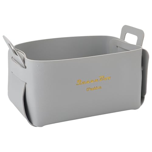 Foldable Storage Basket Bin PU Leather Desktop Organizer Box Gray Small Catchall Basket Rectangle Tray Double Handles for Entryway Bedside Dresser End Table Cosmetic Jewelry Key Wallet - color: Gray