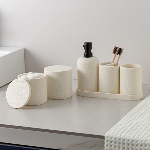 Bathroom Accessories Set, Travertine Stone-Look, 6 PCS Bathroom Accessory Set with Soap Dispenser, Toothbrush Holder, Tumbler, Vanity Tray, Cotton Swab Jars for Countertop (Off White 6 PCS) - color: Off White 6 Pcs