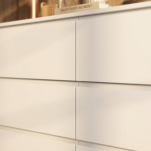 FAMAPY 6 Drawer Dresser for Bedroom, Sturdy Wooden Chest of Drawers with Wide TV Stand Surface, Minimalist Handle-Free Design, Double Dresser Cabinet White 59”W x 15.7”D x 32.3”H - color: White-upgraded