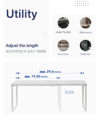 Nxconsu Cabinet Shelf Expandable Organizer Riser Rack for Kitchen Pantry Cupboard Under Sink Countertop Home Organization Extra Storage Space Saver Heavy Duty Metal Edgeless Design White Large - color: White, size: 10’’D * 14.56-24.6’’W * 8.46’’H