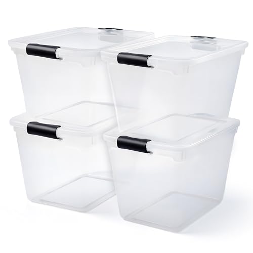 HOMZ 4-Pack 31 Quart Latching Lid, Clear Plastic Storage Organizer Bins, Gray – Stackable Containers for Home & Office Shelves, Kitchen, Garage, and Bathroom Organization - color: Gray, size: 31 QT (4 Pack)