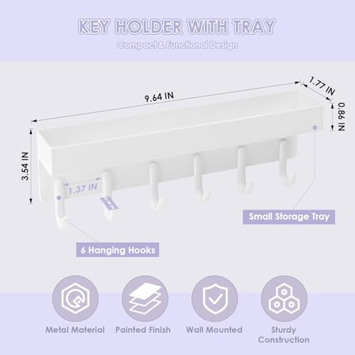 VIS'V Key Holder Wall Mount, Compact Adhesive Key Rack with Tray, 6 Hooks, 2 Mount Options, White - color: White