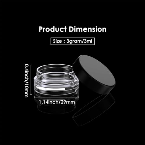 50 Pack 3 Gram Sample Containers with Lids, Small Plastic Cosmetic Jars, Makeup Travel Container Jar for Cream, Bead, Eye Shadow, Jewelry, Lotions, Powders, Glitters Lip Gloss with Labels,Spatulas - color: Black Lid, size: 0.1 Ounce