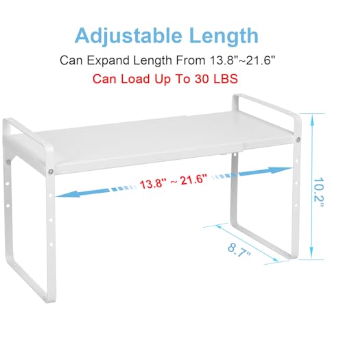 Set of 2 Expandable Cabinet Shelf Organizer, Stackable Kitchen Countertop Shelves Spice Racks, Small Storage Shelf For Cupboard Counter Tabletop, 30 LBS Heavy Duty, Adjustable, 13.8" to 21.6" Long - color: White, size: 2 Pack:13.8"-21.6"Long