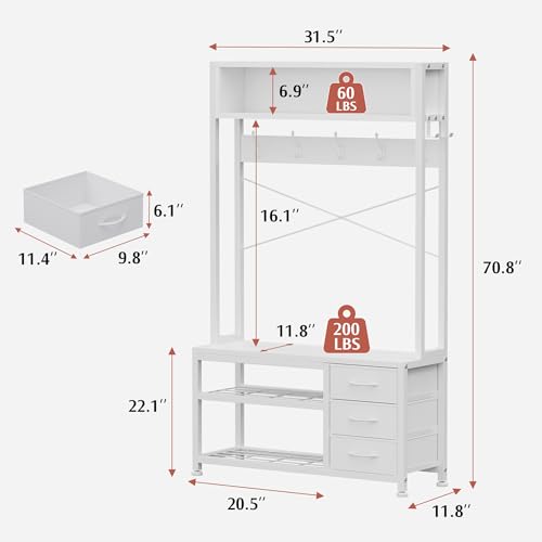Lulive Hall Tree with Bench and Shoe Storage, 31.5" Coat Rack Freestanding with 2-Tier Storage Shelf, 5-in-1 Entryway Bench Coat Rack with 12 Hooks and 3 Drawers(White) - color: White