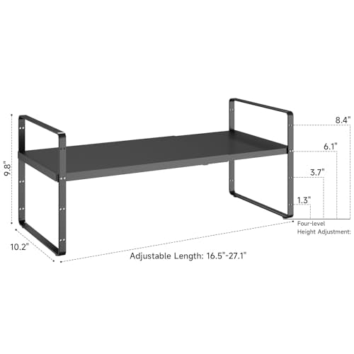 16.5~27.1" Expandable Shelf Organizer, 1Pack 10.2" Wide Stackable Cabinet Shelf Organizers, Black Metal Sturdy Kitchen Counter Storage for Countertop, Adjustable Height Spice Rack - color: Black, size: 1Pack-10.2''W-Holeless