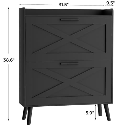 Homleke 32" W Farmhouse Shoe Storage Cabinet with 2 Flip Drawers and Barn Door Design, Adjustable Shelves, Modern Hidden Slim Narrow Shoe Rack Cabinet for Entryway, Foyer, Hallway, Living Room, Black