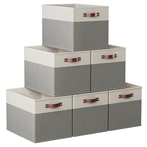 Ornavo Home 13 x 15 x 13 Kallax Storage Cube Bins, Foldable Collapsible Fabric Storage Bins Box Linen Shelf Basket Cube Organizer for Closet with Leather Handles, 6 Pack, White/Gray - color: White/Gray, size: Kallax - 13 x 15 x 13