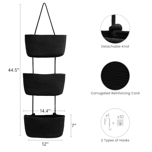 TeoKJ Over the Door Hanging Basket, 3-Tier Woven Cotton Wall-Mounted Storage Organizer Bag Decorative Hanging Nursery Baskets, Black - color: Black
