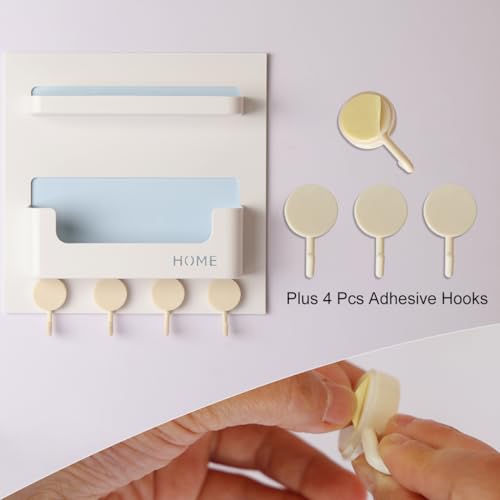 Updated Bedside Shelf Wall Mount Phone Holder Organizer Stick On Adhesive Damage Free Hanging Strips 4 Hooks Teenager Dorm Room Essentials Decoration Gasses Remotes Keys Snacks (White) - color: White