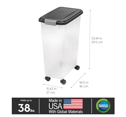 IRIS USA Airtight Dog Food Storage Container, Up to 38 lbs, Attachable Wheels, For Dog Cat Bird and Other Pet Food Storage Bin, Keep Fresh, Translucent Body, Easy Mobility, Black - color: Black, size: 38 lbs