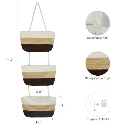 TeoKJ Over the Door Hanging Basket, 3-Tier Woven Cotton Wall-Mounted Storage Organizer Bag Decorative Hanging Nursery Baskets，Gradient Brown - color: Gradient Brown