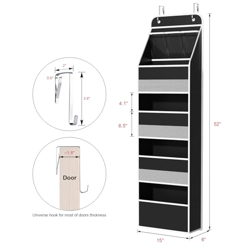 Univivi 5-Shelf Fabric Door Storage Over Door Hanging Organizer with 4 Large Pockets and 3 Small PVC Pockets Nursery Closet Cabinet Wall Mount Hanging Storage Organizers for Baby Nursery (Black) - color: Black, size: 5 LAYER