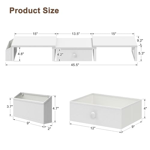 LAND·VOI Heavy Duty Dual Monitor Stand, Holds 2 Screens Up to 27 Inches, Adjustable Length and Angle Monitor Riser, Desk Organizer with Side Pockets and Drawers, Home Office Desk Storage, White - color: White, size: Separate-Type