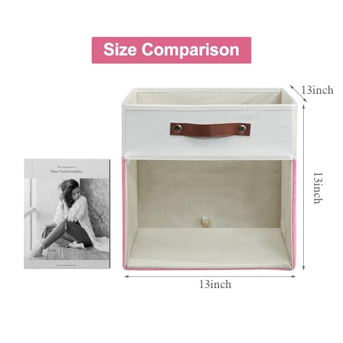 Bagnizer Storage Cubes, 4 Pack Linen Foldable Storage Bins (13 x 13 inch) with Clear Window and Handles, Fabric Organizer for Shelf Closet, Clothes, Books - (Pink and White) - color: Pink / Off-White, size: 13 x 13 x 13