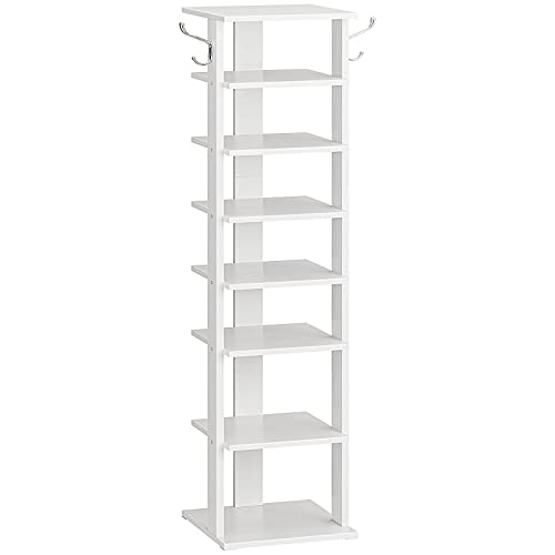 HOOBRO 8 Tiers Vertical Shoe Rack, Wooden Shoe Storage Organizer with Hooks, Narrow Shoe Tower for 8 Pairs, Space Saving, for Entryway, Living Room, Bedroom, White WT07XJ01G1 - color: White, size: 8 Tier (11"W)